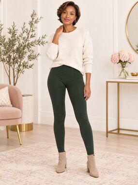 Sofra Dark Green Fleece-Lined Stretch Leggings Free Size